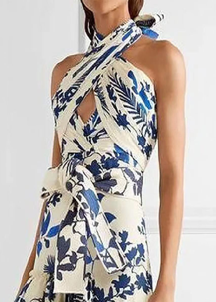 Loose Blue Ruffled Print Laxe Up Cotton Maxi Dress Sleeveless Bb038