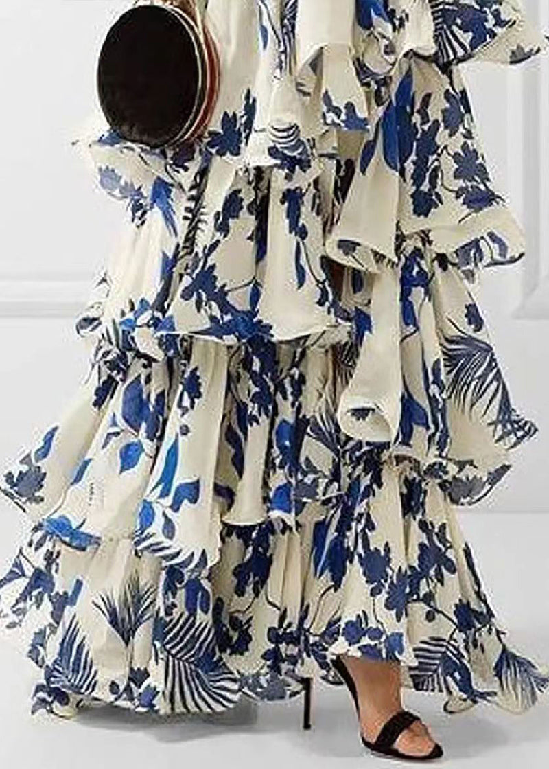 Loose Blue Ruffled Print Laxe Up Cotton Maxi Dress Sleeveless Bb038