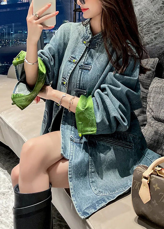 Loose Blue Stand Collar Button Pockets Denim Coats Long Sleeve Qa1035