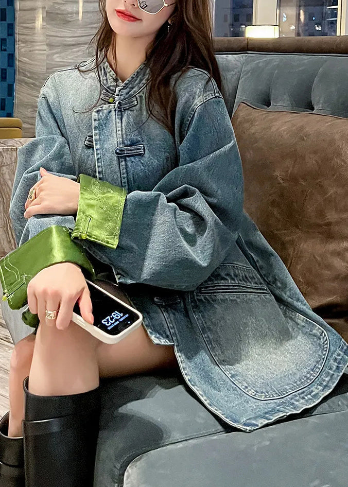 Loose Blue Stand Collar Button Pockets Denim Coats Long Sleeve Qa1035