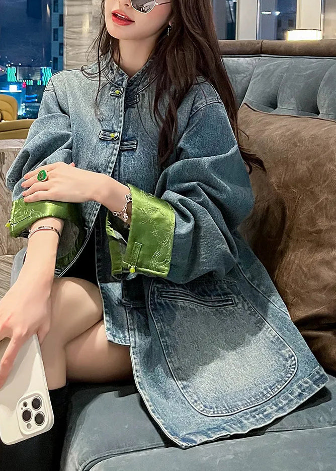 Loose Blue Stand Collar Button Pockets Denim Coats Long Sleeve Qa1035