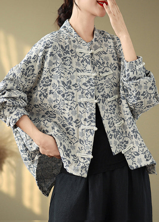 Loose Blue Stand Collar Print Button Cotton Coat Fall Qg045