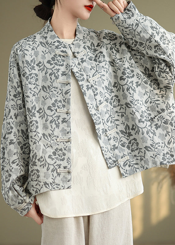 Loose Blue Stand Collar Print Button Cotton Coat Fall Qg045