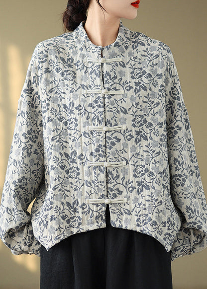 Loose Blue Stand Collar Print Button Cotton Coat Fall Qg045