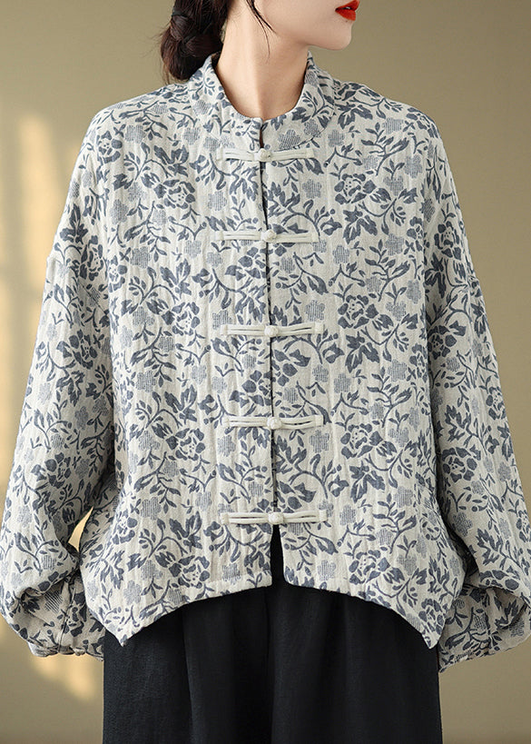 Loose Blue Stand Collar Print Button Cotton Coat Fall Qg045