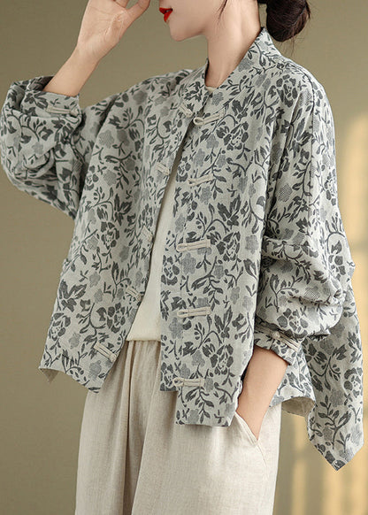 Loose Blue Stand Collar Print Button Cotton Coat Fall Qg045
