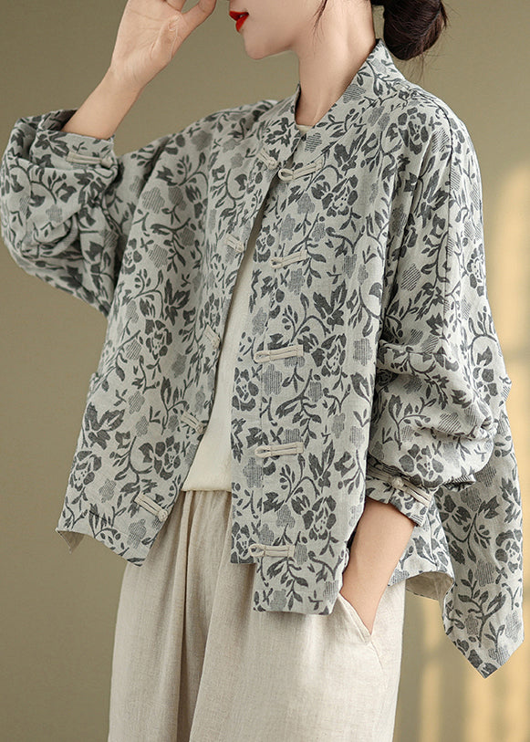Loose Blue Stand Collar Print Button Cotton Coat Fall Qg045