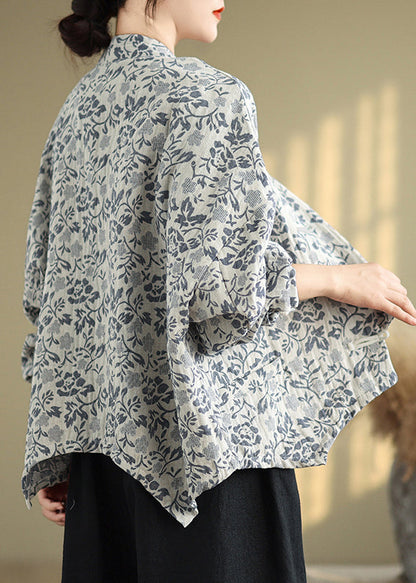 Loose Blue Stand Collar Print Button Cotton Coat Fall Qg045
