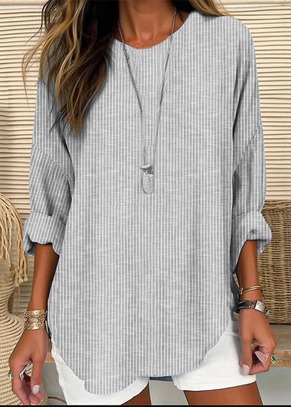 Loose Blue Striped O-neck Patchwork Cotton Blouses Fall Qa014