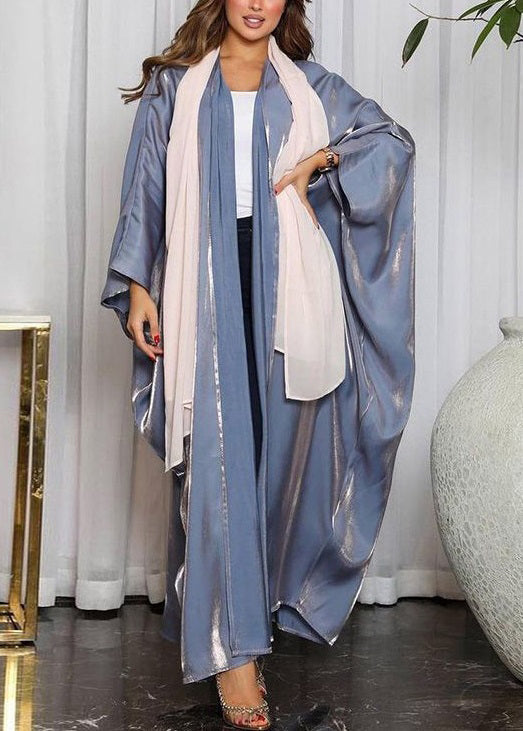 Loose Blue V Neck Bright Silk Cardigan Dress Spring Aa1048