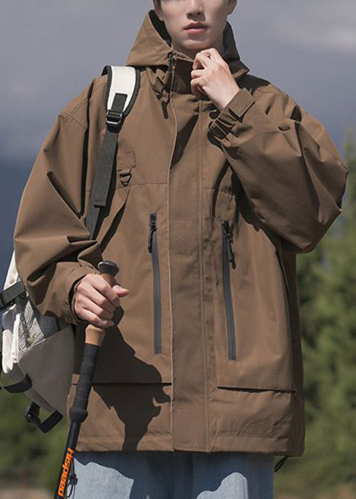 Spring Pockets Cotton Loose Coat Hooded Zippered Brown