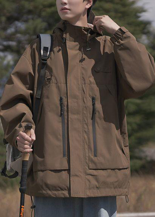 Spring Pockets Cotton Loose Coat Hooded Zippered Brown
