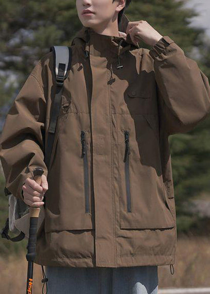 Spring Pockets Cotton Loose Coat Hooded Zippered Brown