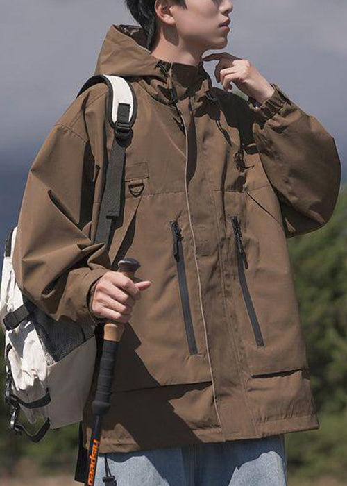 Spring Pockets Cotton Loose Coat Hooded Zippered Brown