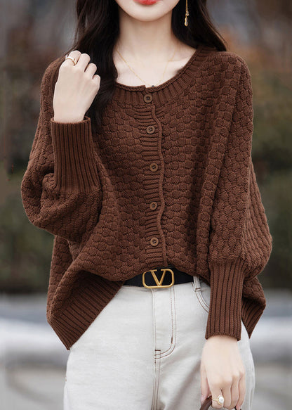 Loose Brown O Neck Button Cotton Knit Sweater Spring Tf021