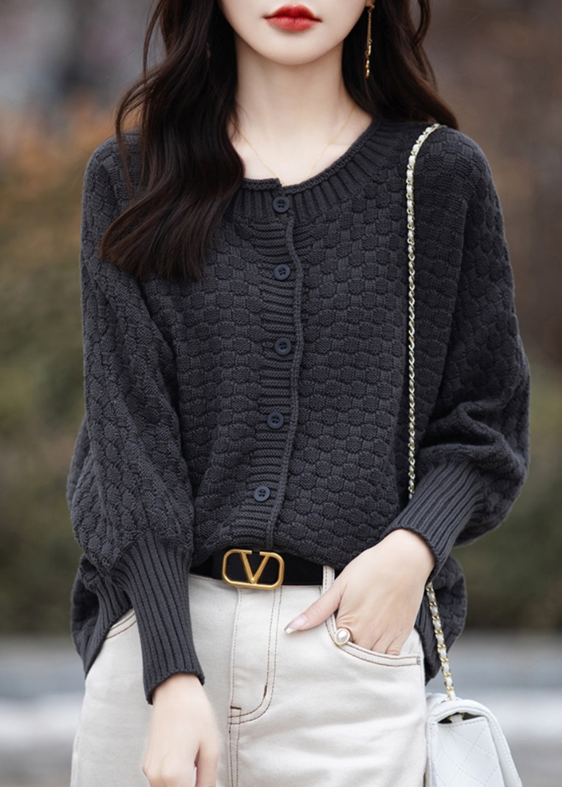 Loose Brown O Neck Button Cotton Knit Sweater Spring Tf021