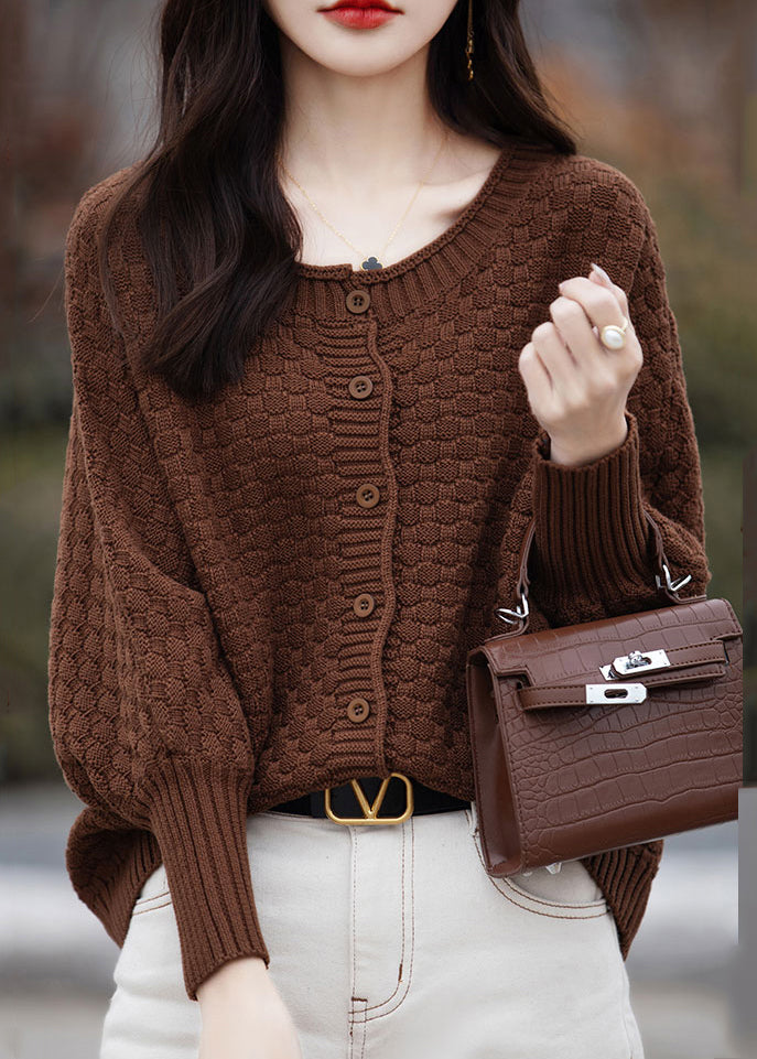 Loose Brown O Neck Button Cotton Knit Sweater Spring Tf021