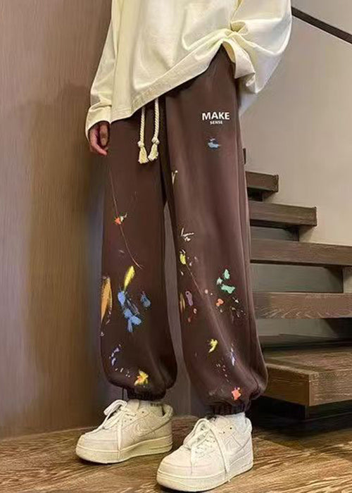 Loose Brown Pockets Elastic Waist Warm Fleece Pants Winter Wa064