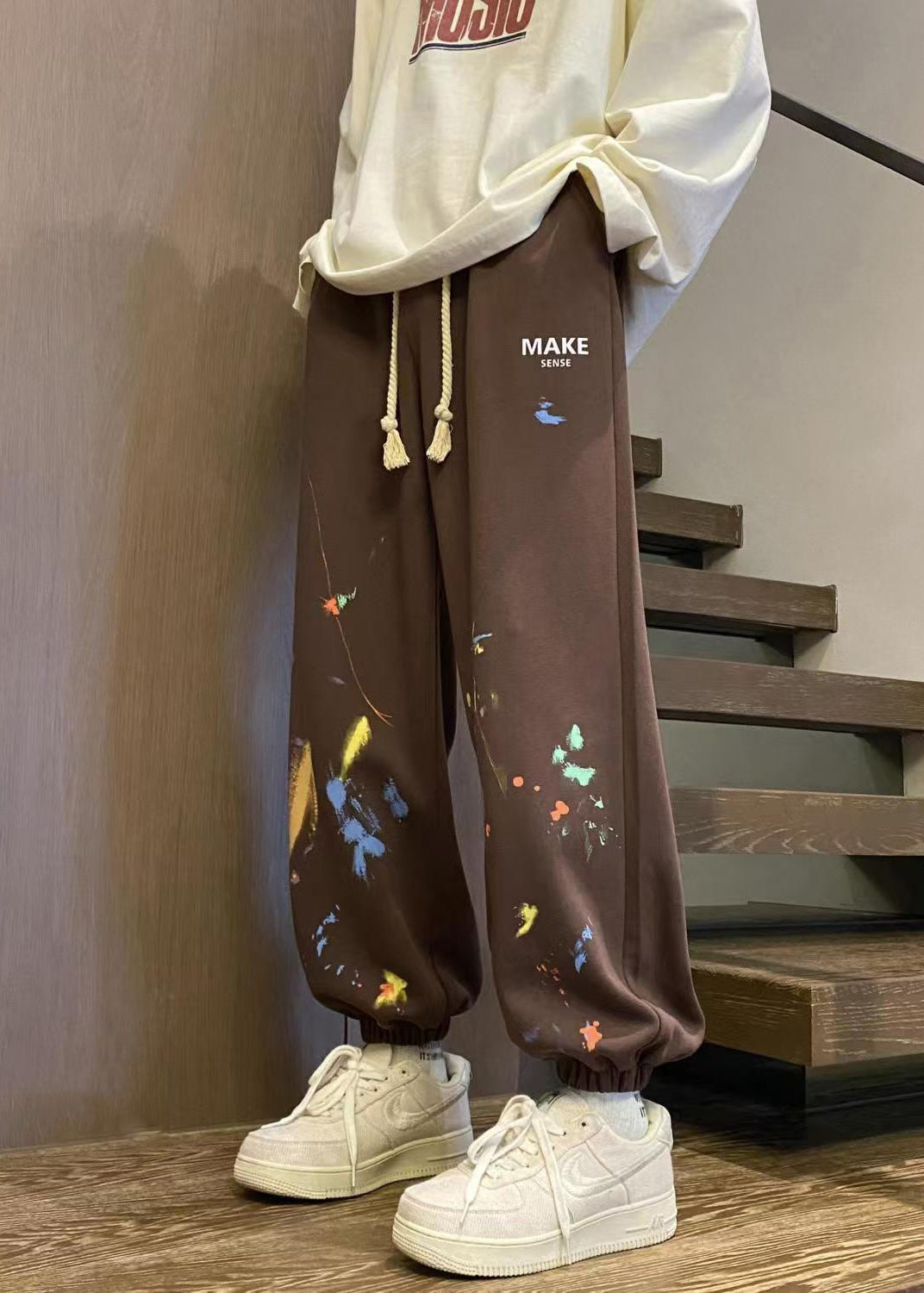 Loose Brown Pockets Elastic Waist Warm Fleece Pants Winter Wa064