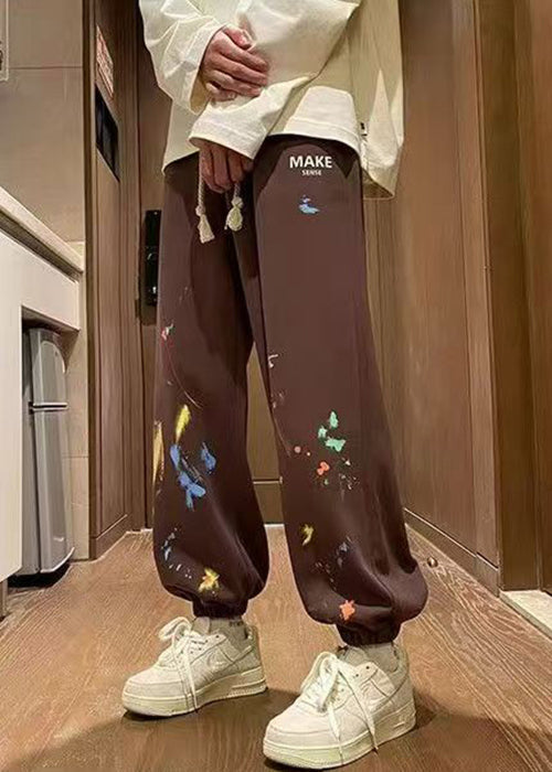 Loose Brown Pockets Elastic Waist Warm Fleece Pants Winter Wa064
