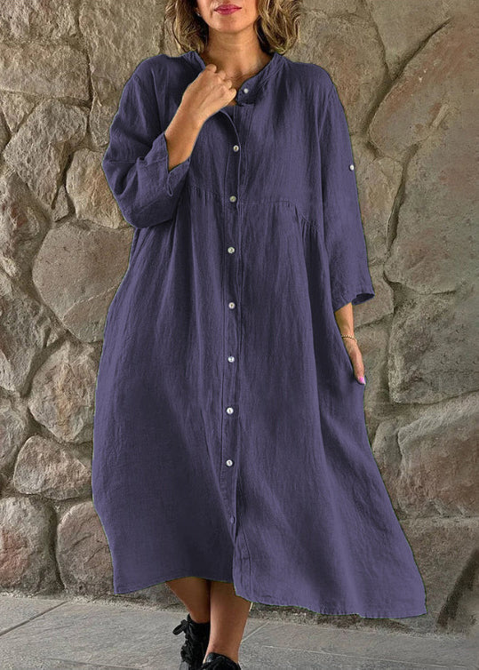 Loose Brown Stand Collar Button Cotton Blouses Dress Long Sleeve Ff033