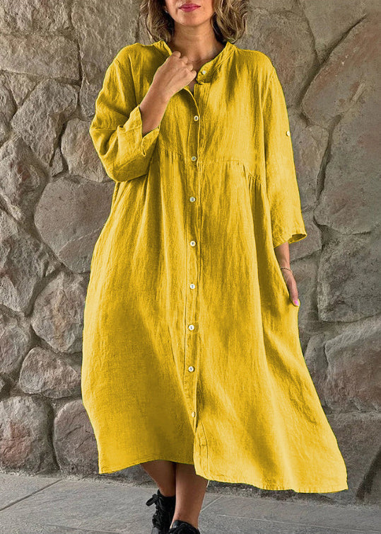 Loose Brown Stand Collar Button Cotton Blouses Dress Long Sleeve Ff033