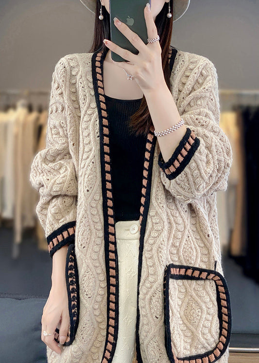 Loose Camel Hollow Out Patchwork Cotton Knit Cardigan Fall Ab1027