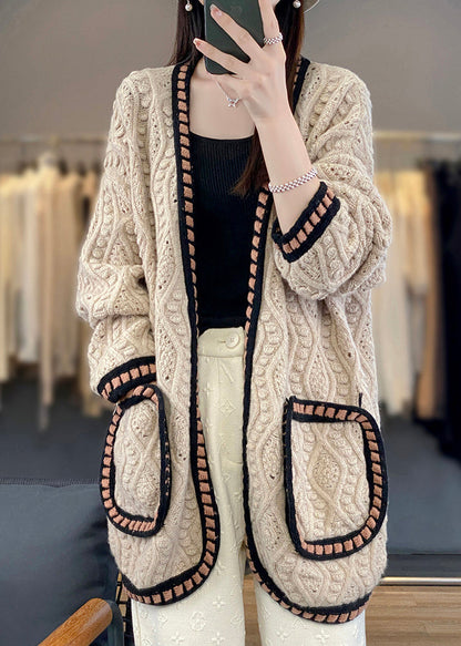 Loose Camel Hollow Out Patchwork Cotton Knit Cardigan Fall Ab1027