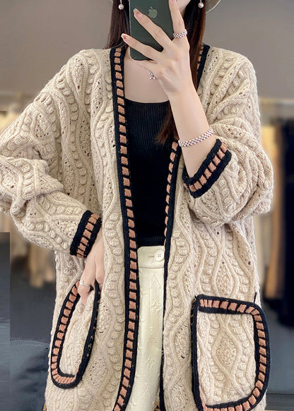 Loose Camel Hollow Out Patchwork Cotton Knit Cardigan Fall Ab1027