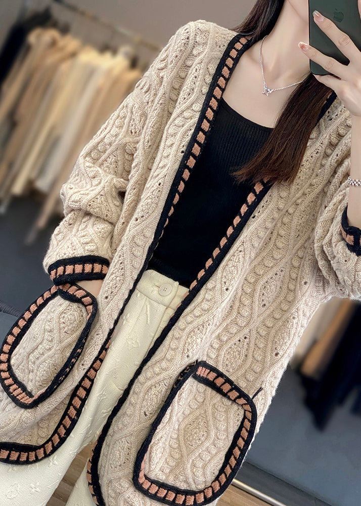 Loose Camel Hollow Out Patchwork Cotton Knit Cardigan Fall Ab1027