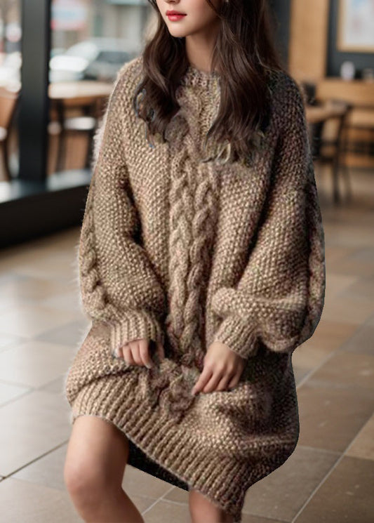 Loose Camel O-neck Cable Cotton Knit Sweaters Winter Rp027