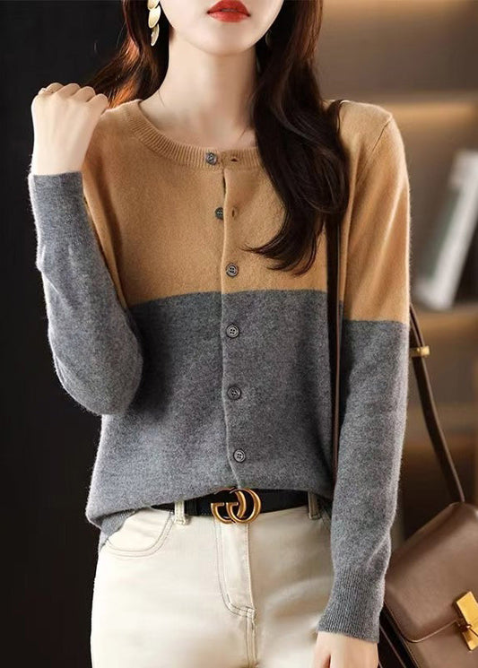Loose Camel Patchwork Button Wool Knit Cardigans Fall Qt012