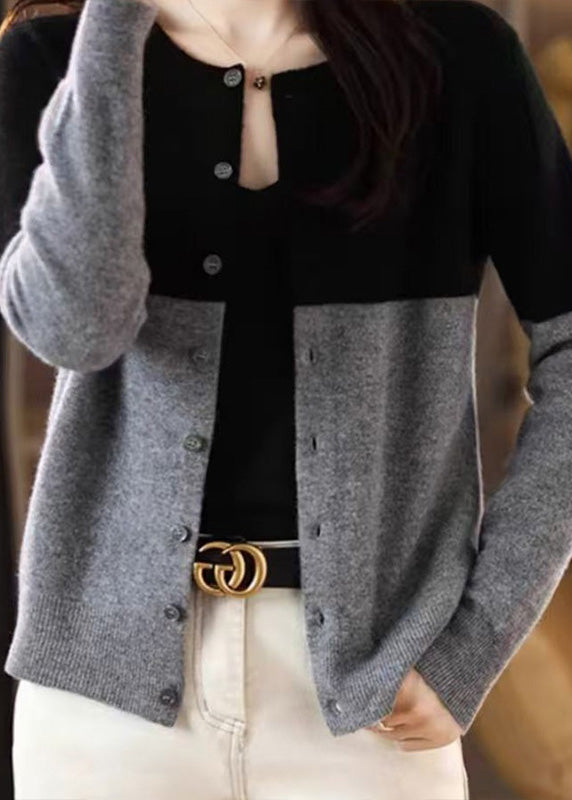 Loose Camel Patchwork Button Wool Knit Cardigans Fall Qt012