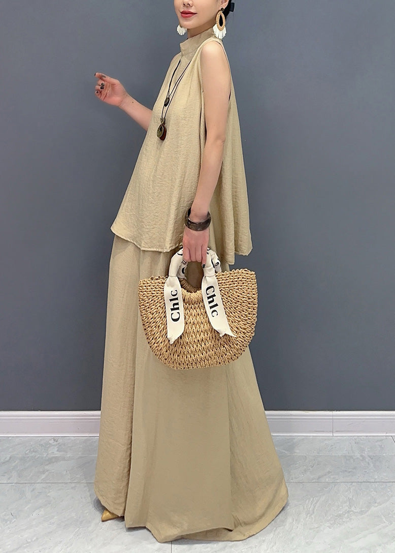 Loose Camel Tops and Wide Leg Pants Cotton Two Pieces Set Sleeveless Ao1061