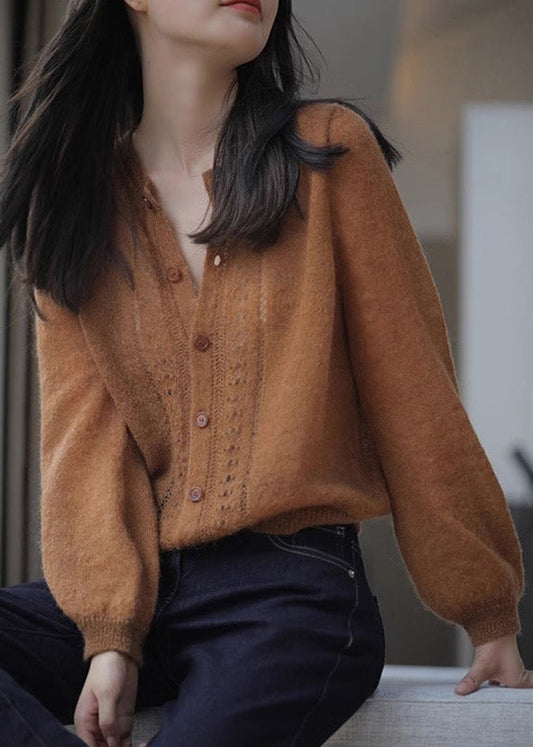 Loose Caramel Button Hollow Out Knit Sweater Spring Tf015