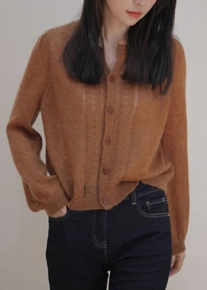 Loose Caramel Button Hollow Out Knit Sweater Spring Tf015
