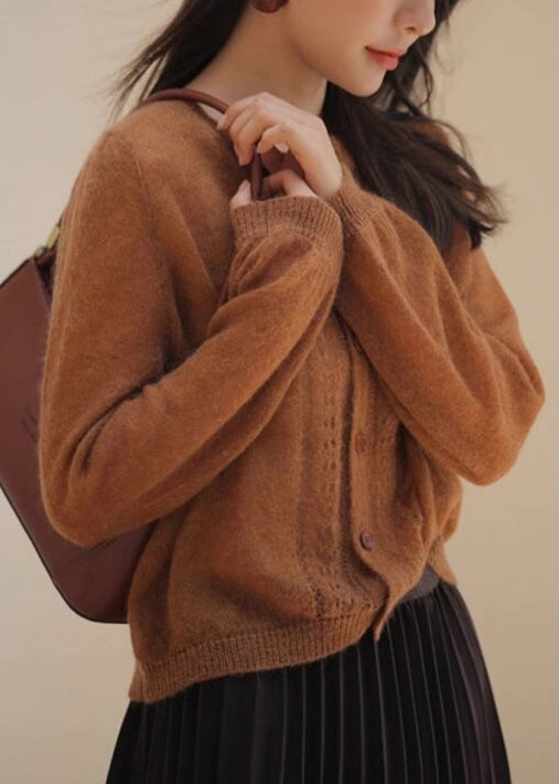 Loose Caramel Button Hollow Out Knit Sweater Spring Tf015