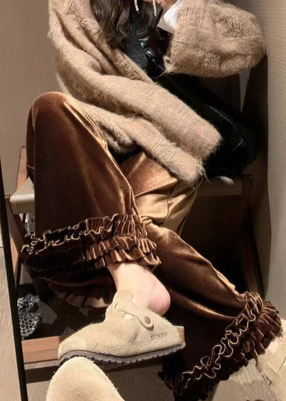 Loose Caramel Ruffled Elastic Waist Silk Crop Pants Winter Rf022