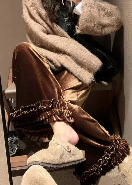 Loose Caramel Ruffled Elastic Waist Silk Crop Pants Winter Rf022