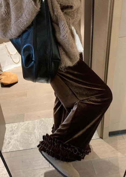 Loose Caramel Ruffled Elastic Waist Silk Crop Pants Winter Rf022