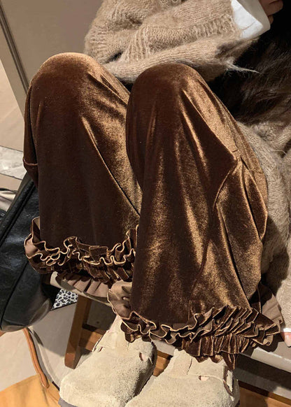 Loose Caramel Ruffled Elastic Waist Silk Crop Pants Winter Rf022