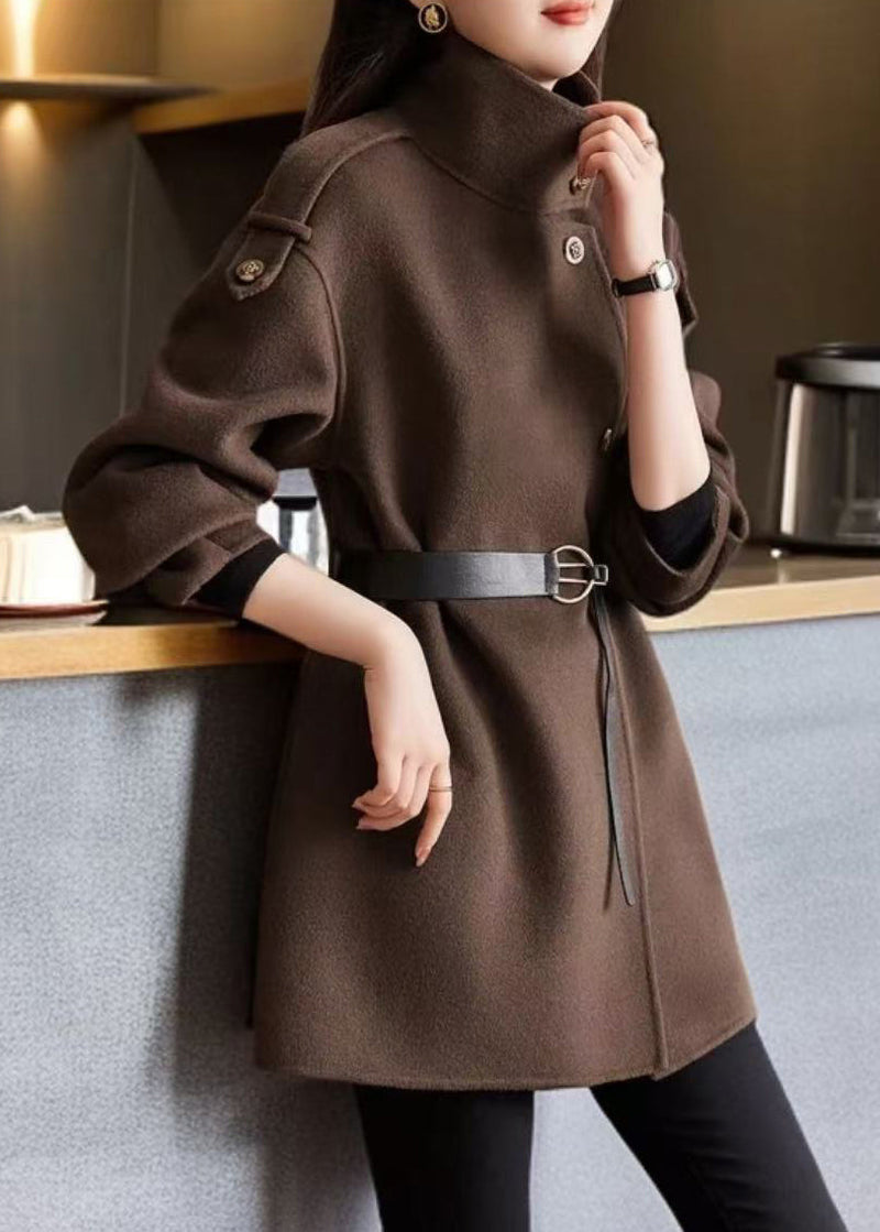 Loose Chocolate Stand Collar Button Woolen Coats Spring Ty014