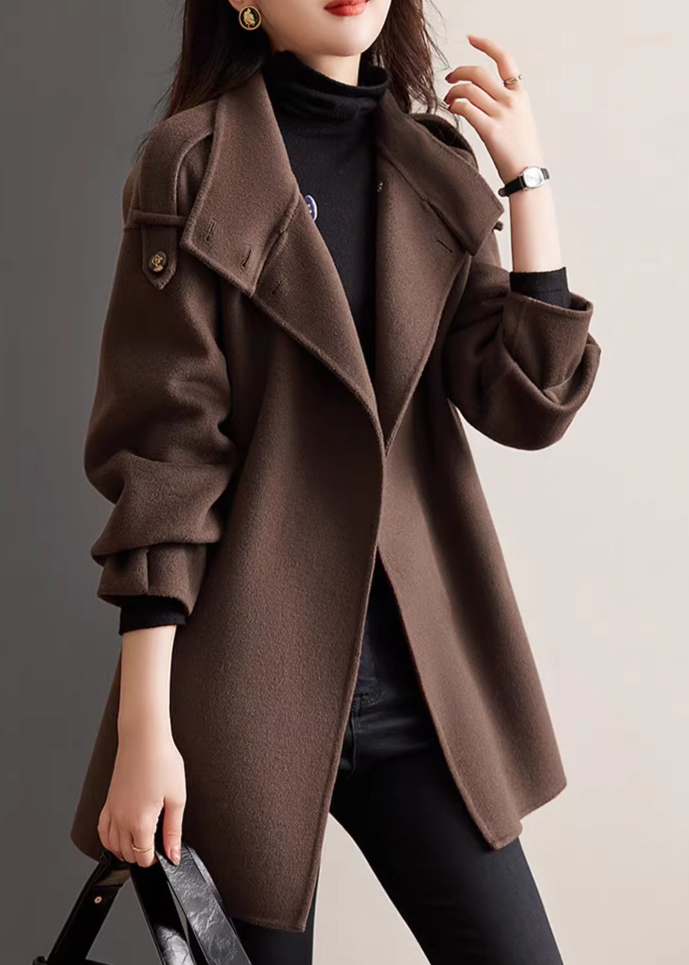 Loose Chocolate Stand Collar Button Woolen Coats Spring Ty014
