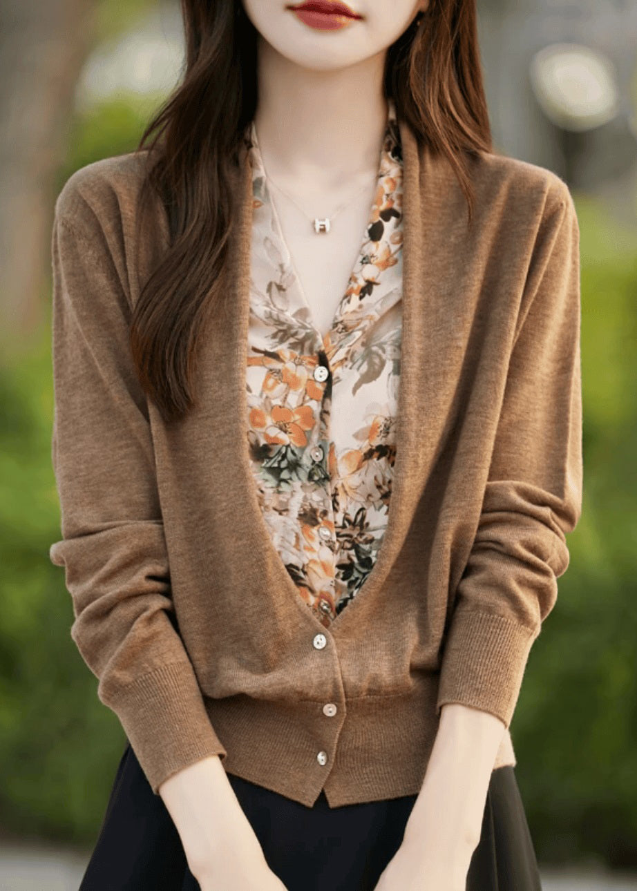 Loose Coffee Button False Two Pieces Patchwork Knit Sweater Spring Tf014