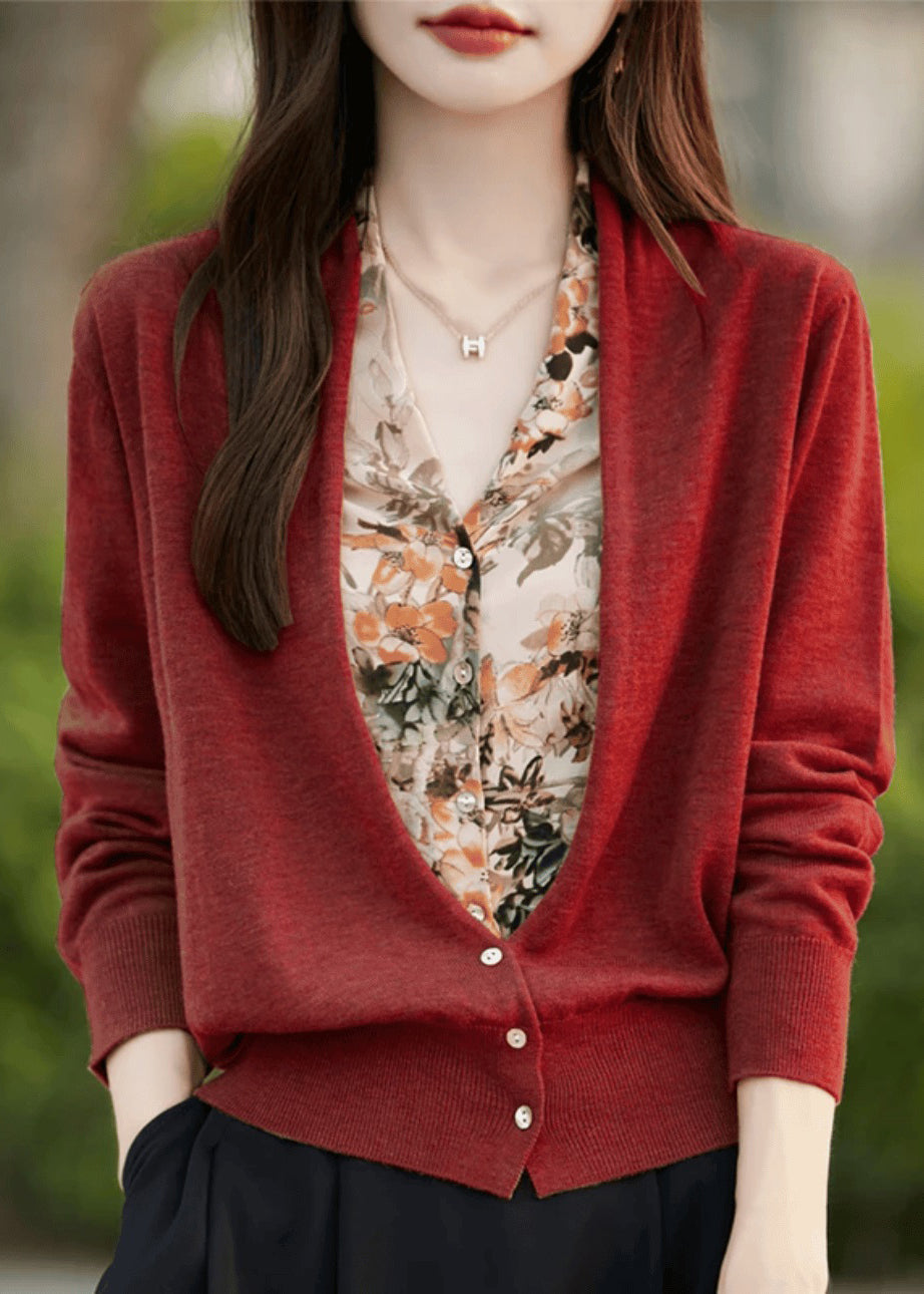 Loose Coffee Button False Two Pieces Patchwork Knit Sweater Spring Tf014