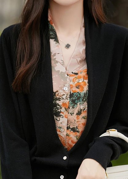 Loose Coffee Button False Two Pieces Patchwork Knit Sweater Spring Tf014