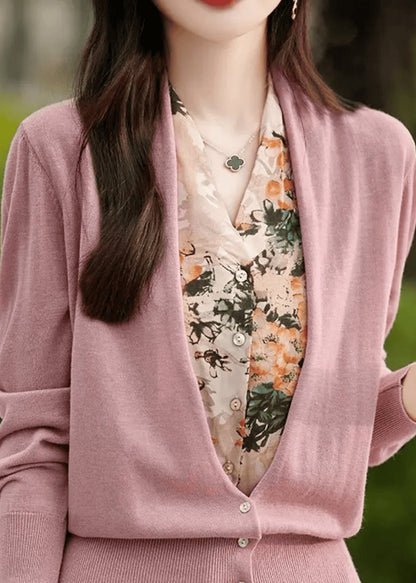 Loose Coffee Button False Two Pieces Patchwork Knit Sweater Spring Tf014