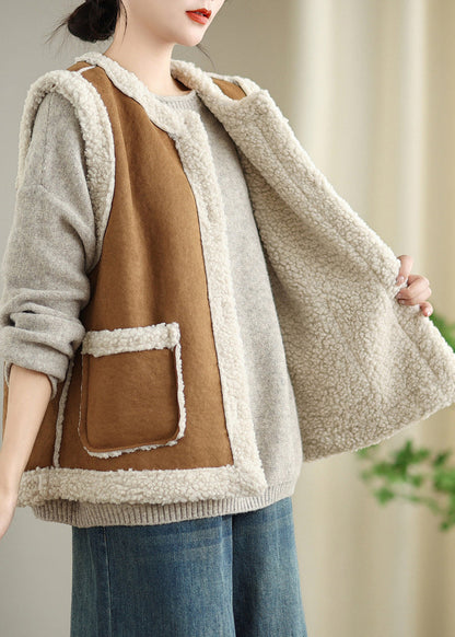 Loose Coffee Button Pockets Patchwork Teddy Faux Fur Waistcoat Sleeveless Er008