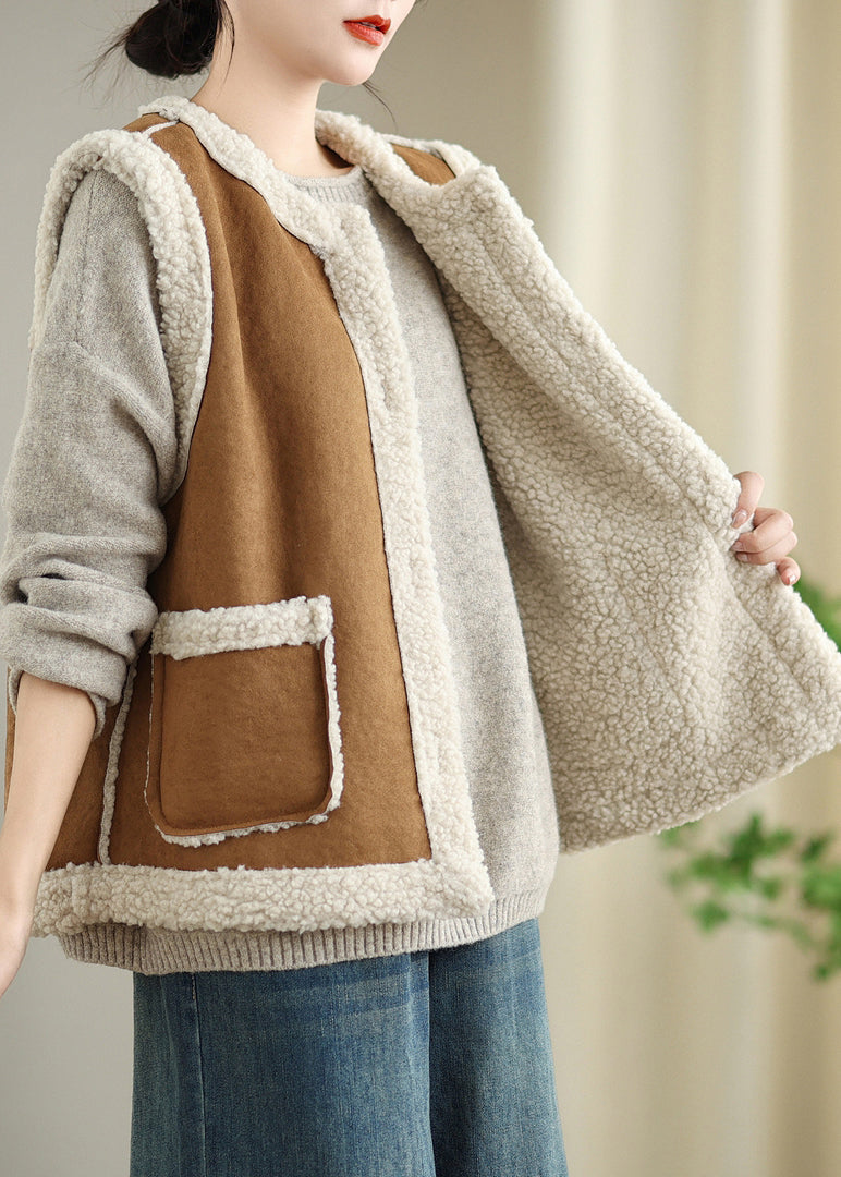Loose Coffee Button Pockets Patchwork Teddy Faux Fur Waistcoat Sleeveless Er008