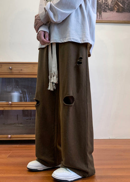 Loose Coffee Hole Elastic Waist Cotton Pants Fall Wa046